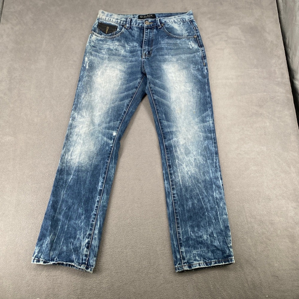 Black Premium Mens Straight Leg Acid Wash Grunge Jeans Blue 32x32 RN 70829